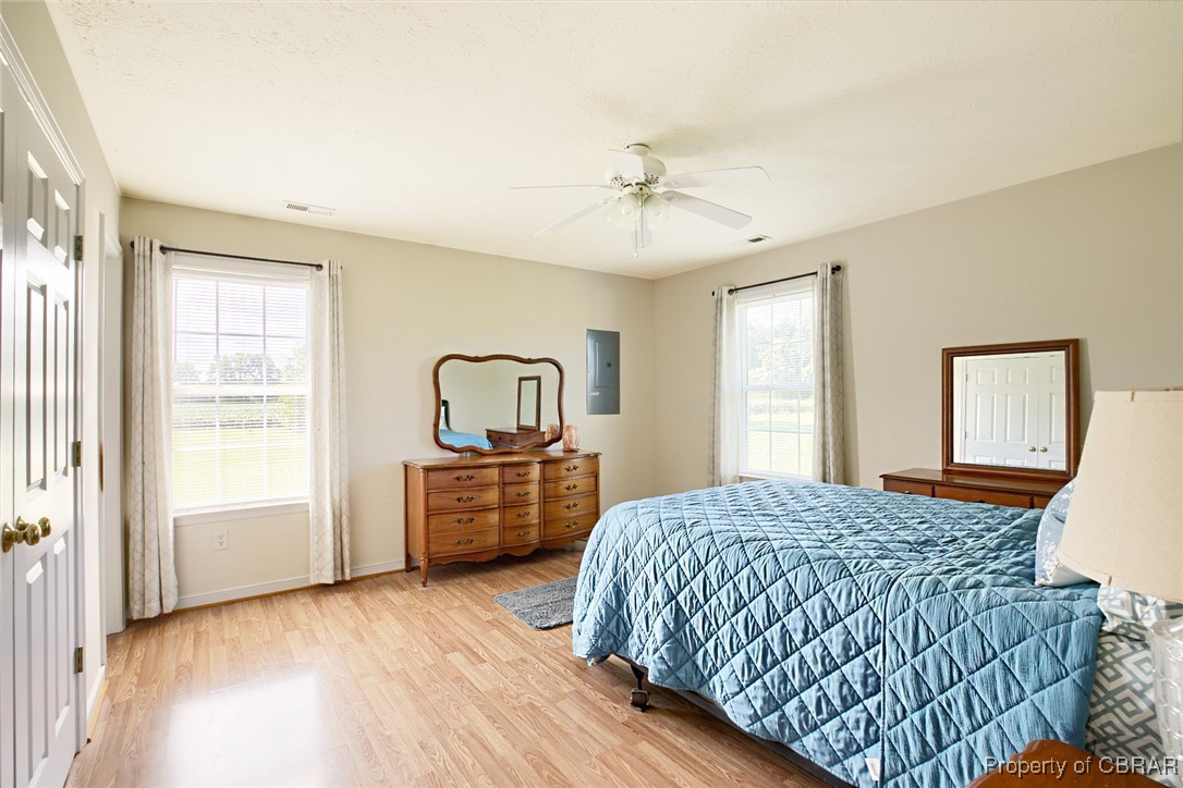 118 Edwards Court Dutton, VA 23050 - Photo 18 of 24 Bedroom featuring ceiling fan, electric panel, light hardwood / wood-style floors, and multiple windows