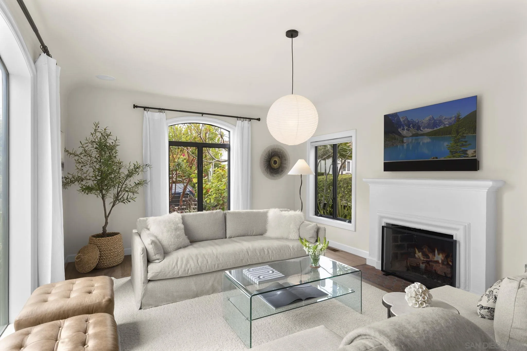 321 Fern Glen La Jolla, CA 92037 - Photo 6 of 46 a living room with furniture a flat screen tv and a fireplace