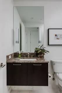 a bathroom with a sink a toilet and mirror