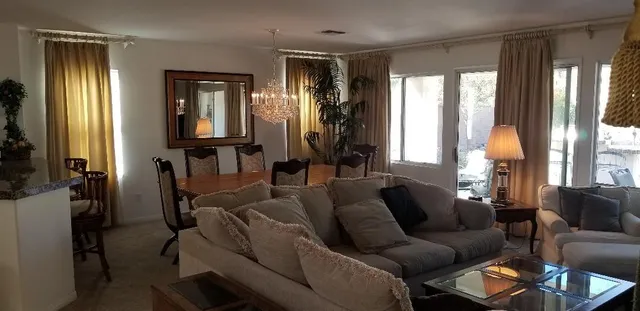a living room with furniture and a potted plant