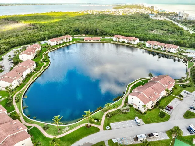 a view of a lake in middle of the town