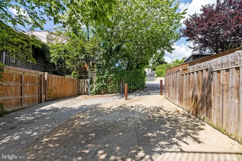 a backyard of a house with plants and tree