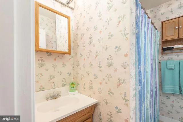 a bathroom with a sink and a shower curtain
