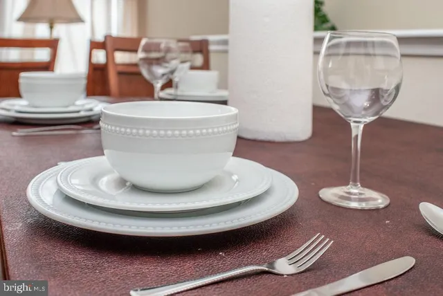a view of a dining room with furniture
