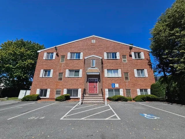 a view of a park with large trees