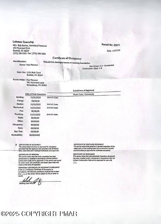 1131 Mink Court Bushkill, PA 18324 - Photo 62 of 63 1131 Mink Ct Poconos Certificate of Occu