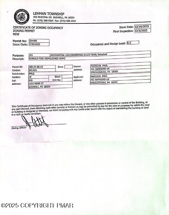 1131 Mink Court Bushkill, PA 18324 - Photo 63 of 63 1131 Mink Ct Poconos Certificate of Occu