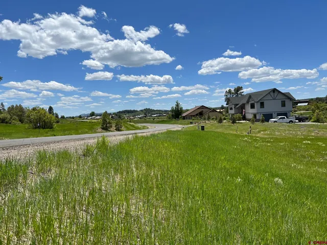 a view of a lake with houses in the back