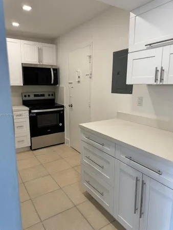 a kitchen with stainless steel appliances a stove and a microwave