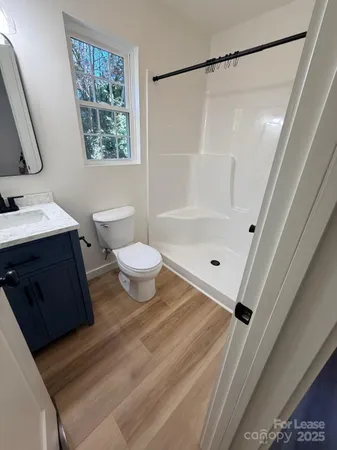 a bathroom with a sink a toilet a mirror and shower
