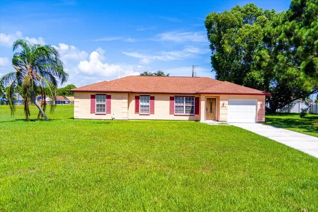 a view of a yard in front of a house with plants and large tree
