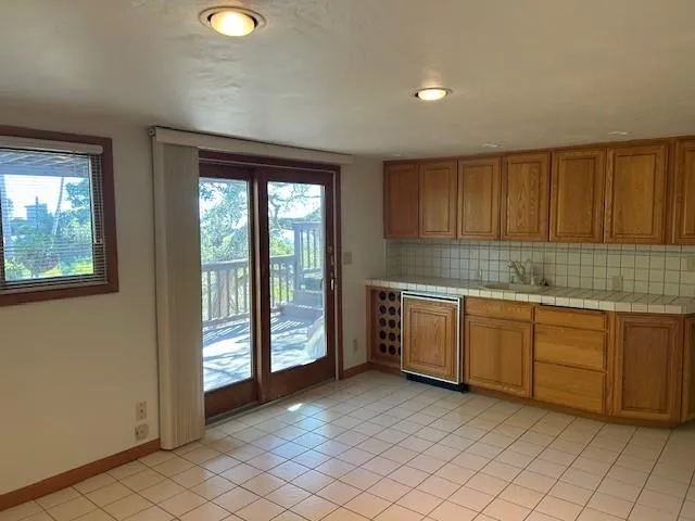 a view of a yard with plants and large trees