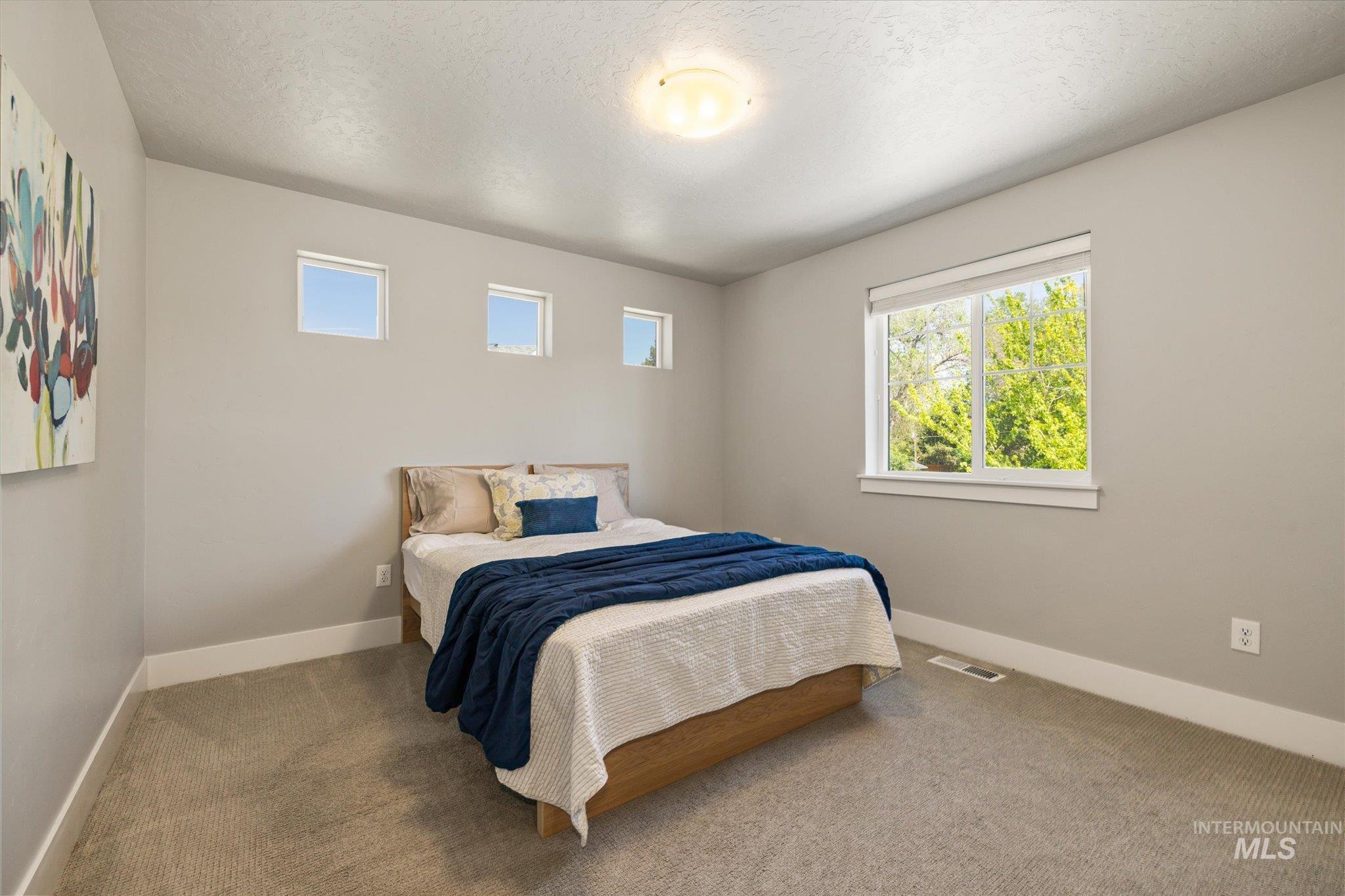 1915 South High Street Boise, ID 83706 - Photo 32 of 44 Bedroom featuring neutral-toned carpet, three high transom windows, and a large picture window with outdoor scenery