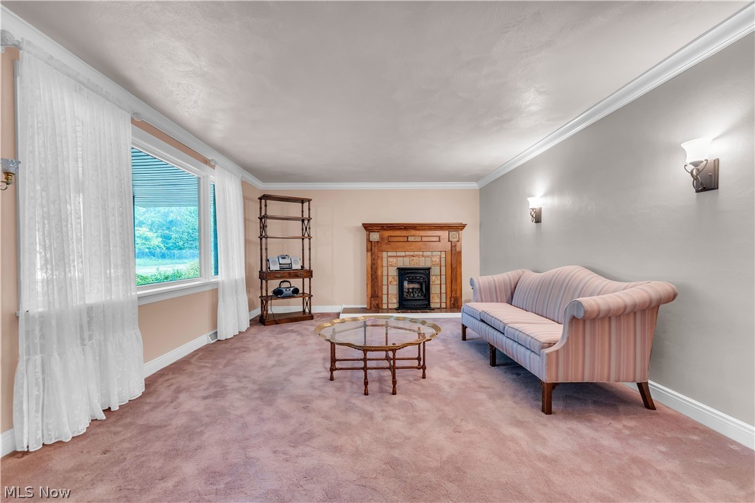 9897 West Ridge Road Elyria, OH 44035 - Photo 9 of 43 Carpeted living room featuring ornamental molding and a fireplace