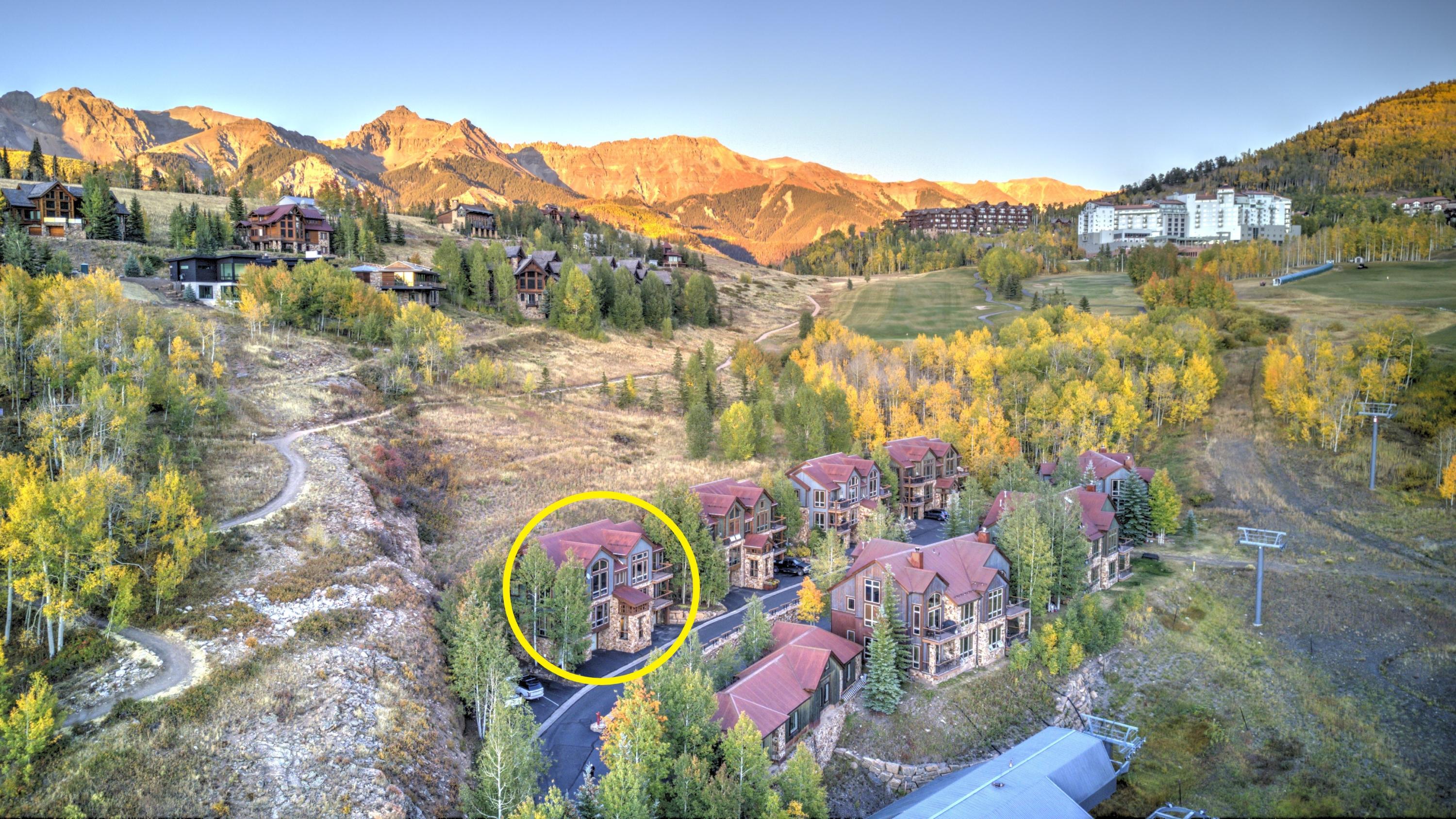 333 Adams Ranch Road, Unit 201 Mountain Village, CO 81435 - Photo 15 of 18 Alternate aerial of the Terraces, with unit 201 circled.