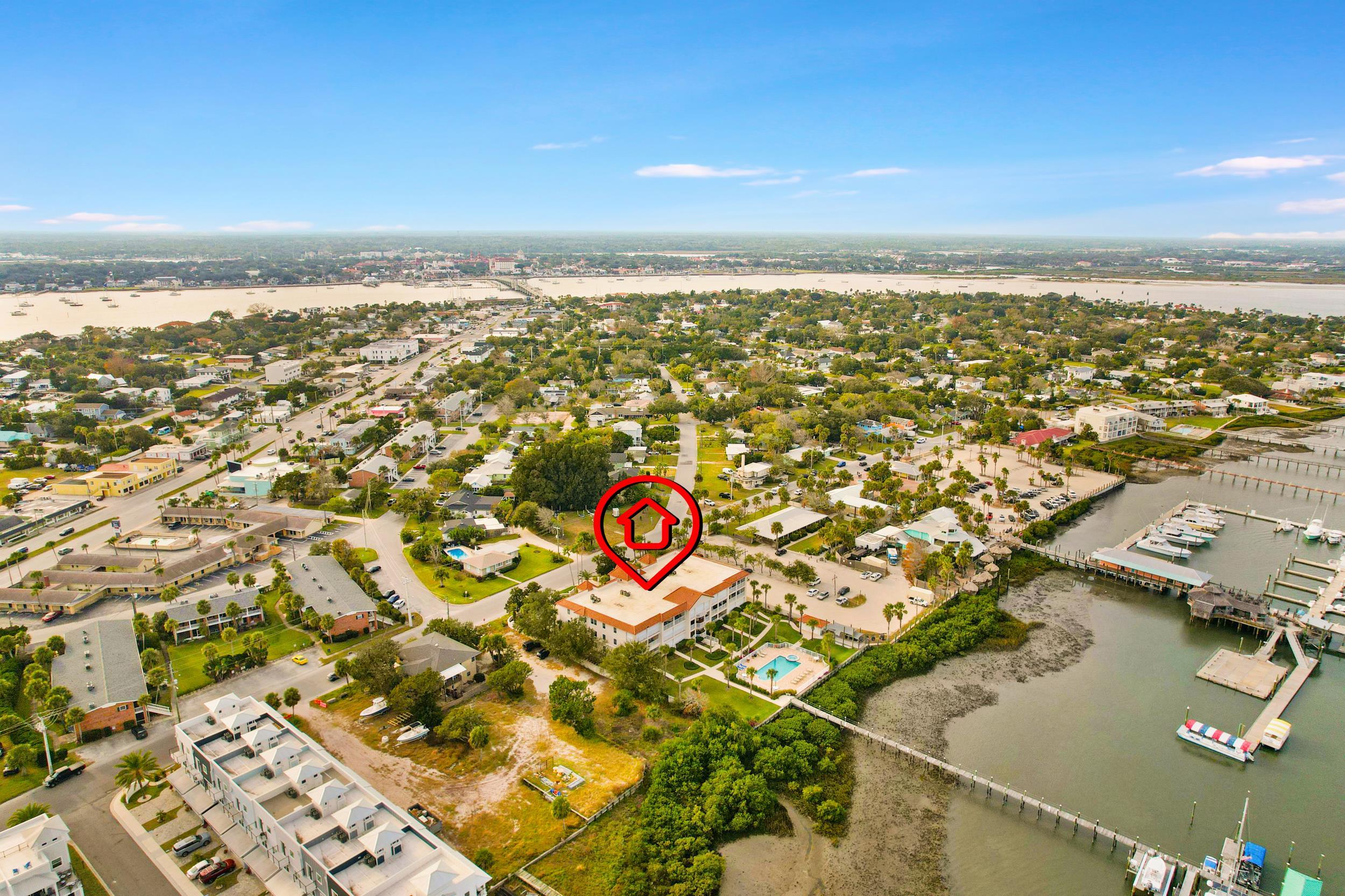 33 Comares Avenue, Unit 203 St. Augustine, FL 32080 - Photo 36 of 39 Aerial view of property's location featuring a large body of water