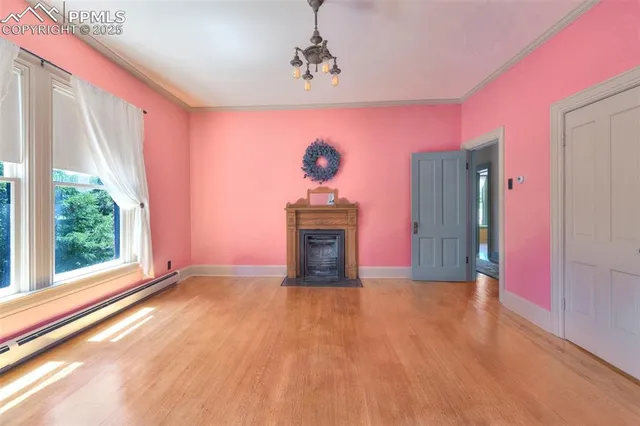 a view of a livingroom with wooden floor fireplace and windows