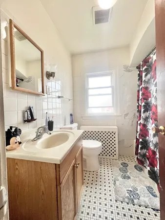 a bathroom with a sink a toilet a mirror a vanity and shower