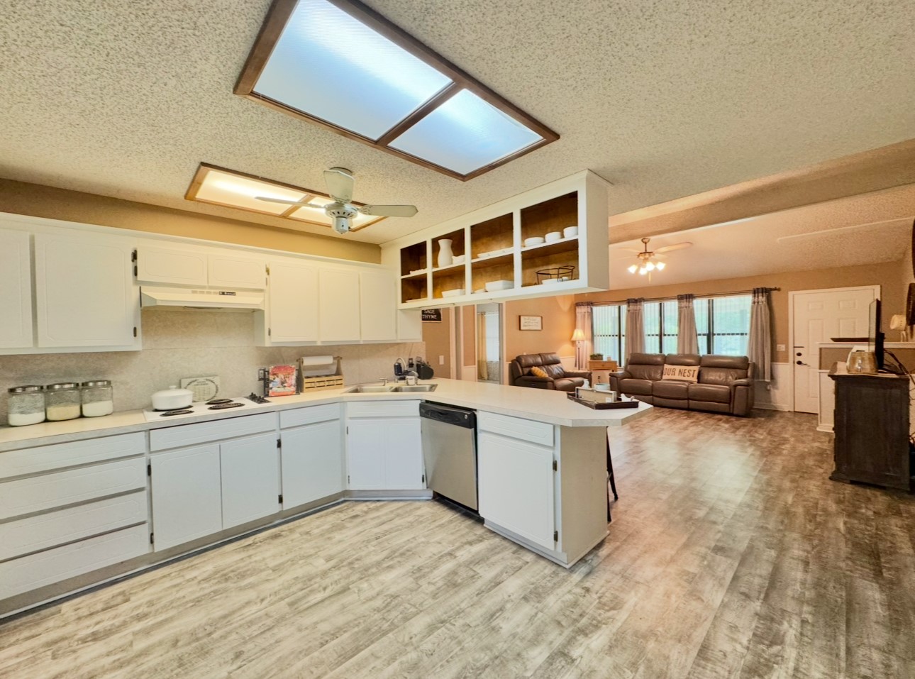 702 Pleasant Grove Road Elgin, TX 78621 - Photo 16 of 38 Kitchen with stainless steel dishwasher, a ceiling fan, a textured ceiling, under cabinet range hood, and a peninsula