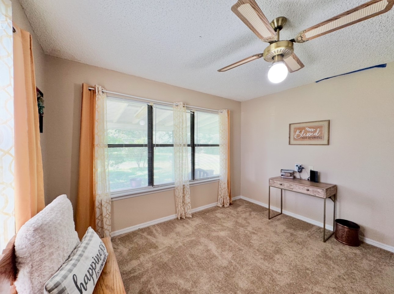 702 Pleasant Grove Road Elgin, TX 78621 - Photo 23 of 38 Sitting room with a textured ceiling, carpet flooring, and ceiling fan