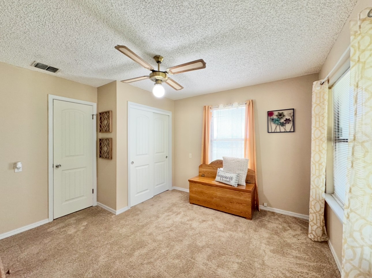 702 Pleasant Grove Road Elgin, TX 78621 - Photo 24 of 38 Bedroom featuring carpet floors, a ceiling fan, a closet, and a textured ceiling