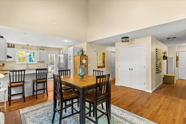 a view of a dining room with furniture