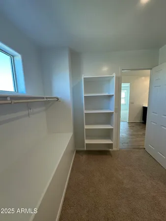 a view of walk in closet with empty racks
