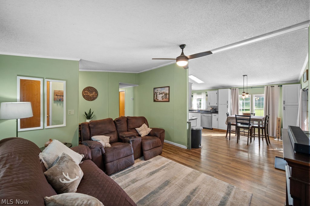 Open-concept living area featuring wood-finish flooring