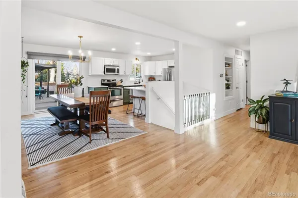 a view of a dining room with furniture window and wooden floor
