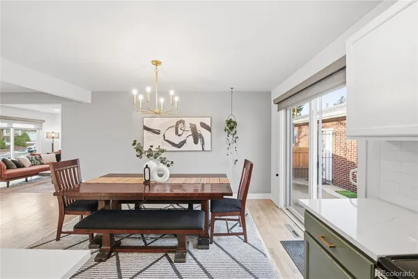 a view of a dining room with furniture window and outside view