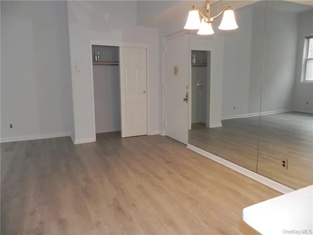 an empty room with wooden floor and mirror