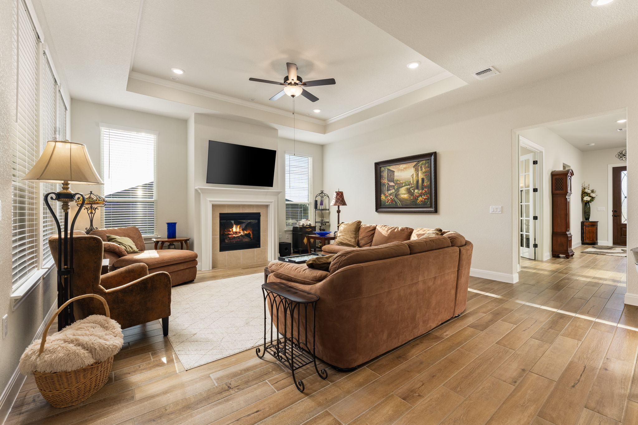 112 Telegraph Lane Georgetown, TX 78633 - Photo 3 of 35 The bright living room features a tray ceiling and is anchored by a fireplace.