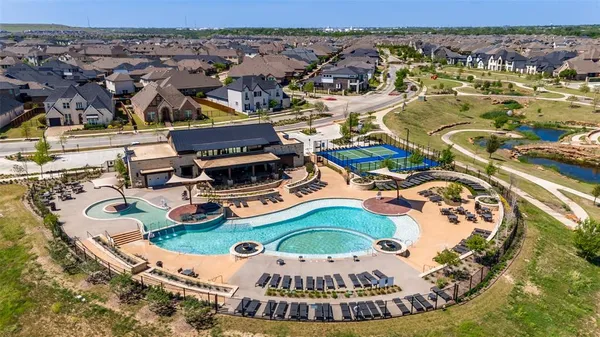 an aerial view of a swimming pool