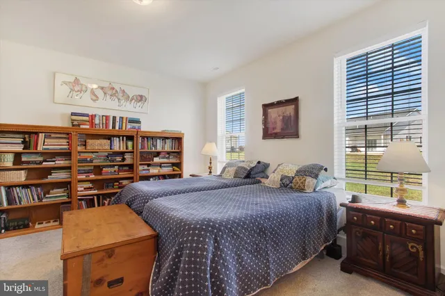 a bedroom with a bed and a book shelf
