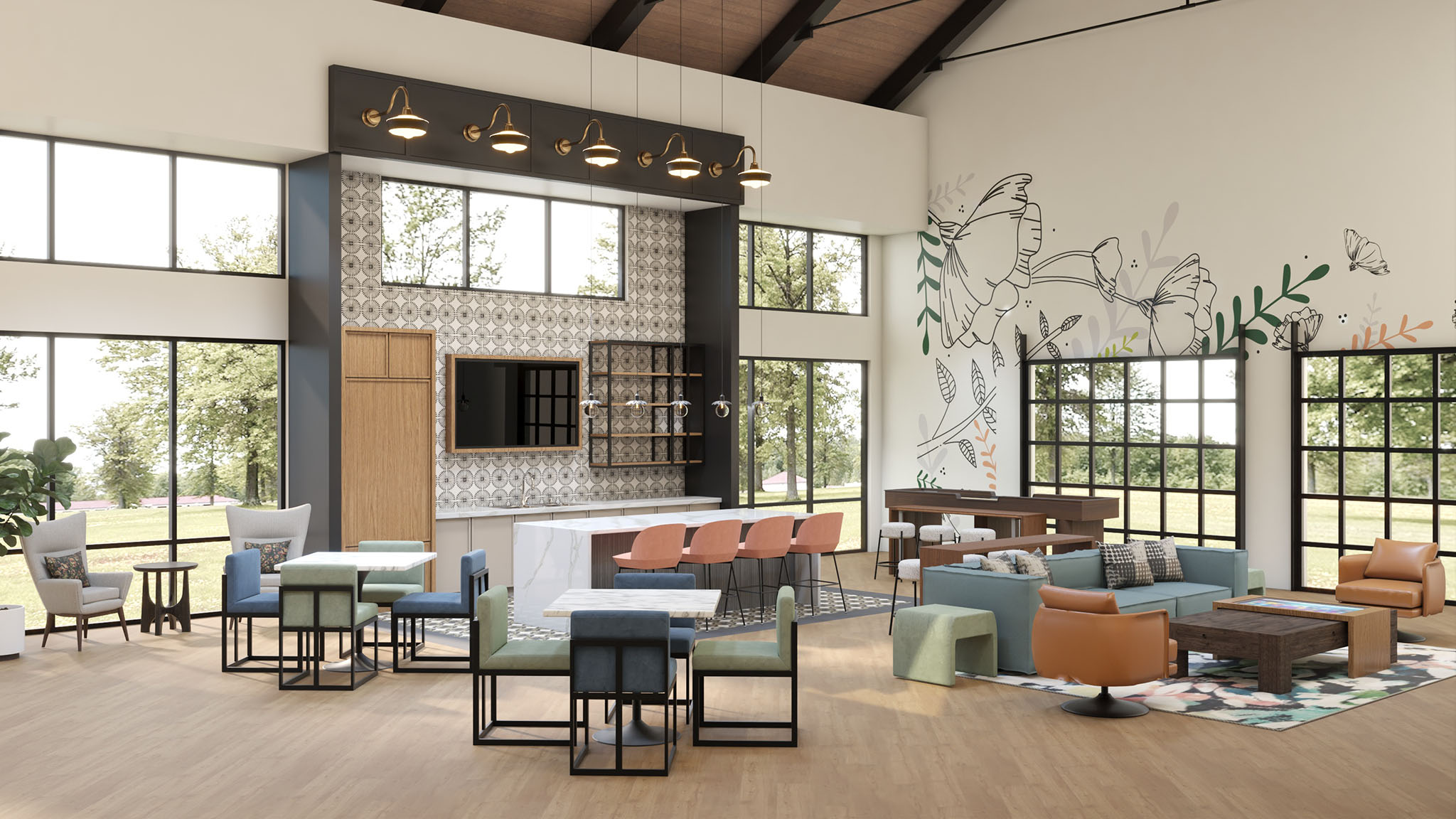 432 Brandywine Road Hutto, TX 78634 - Photo 10 of 12 Common area with high vaulted ceiling and a wooden ceiling with exposed beams