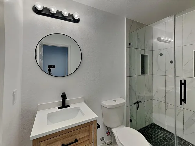 a bathroom with a sink a toilet and a mirror