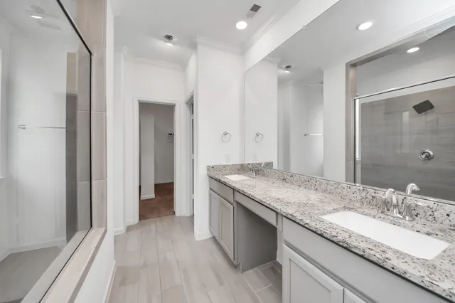 a bathroom with a granite countertop sink a mirror and a shower