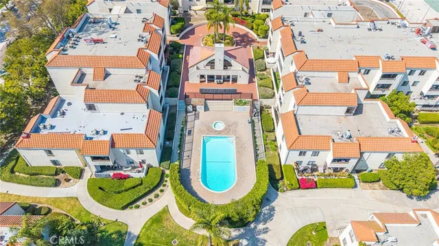 an aerial view of a swimming pool
