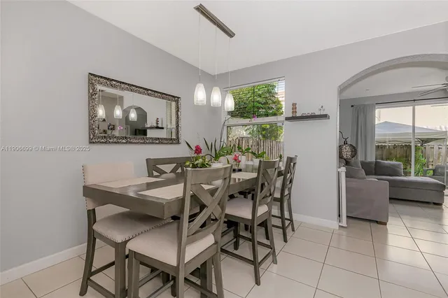 a view of a dining room with furniture and a large window