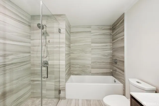 a bathroom with a toilet and a bathtub