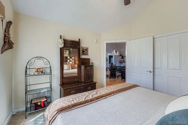 a bedroom with a bed and a closet