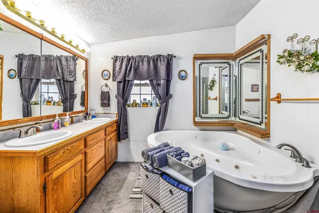 a bathroom with a tub sink and mirror