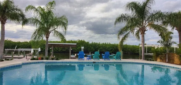 a view of a swimming pool with a patio and a garden