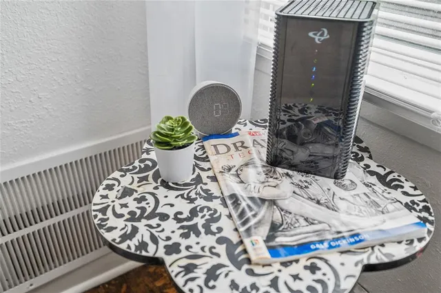 a view of a dining room with furniture