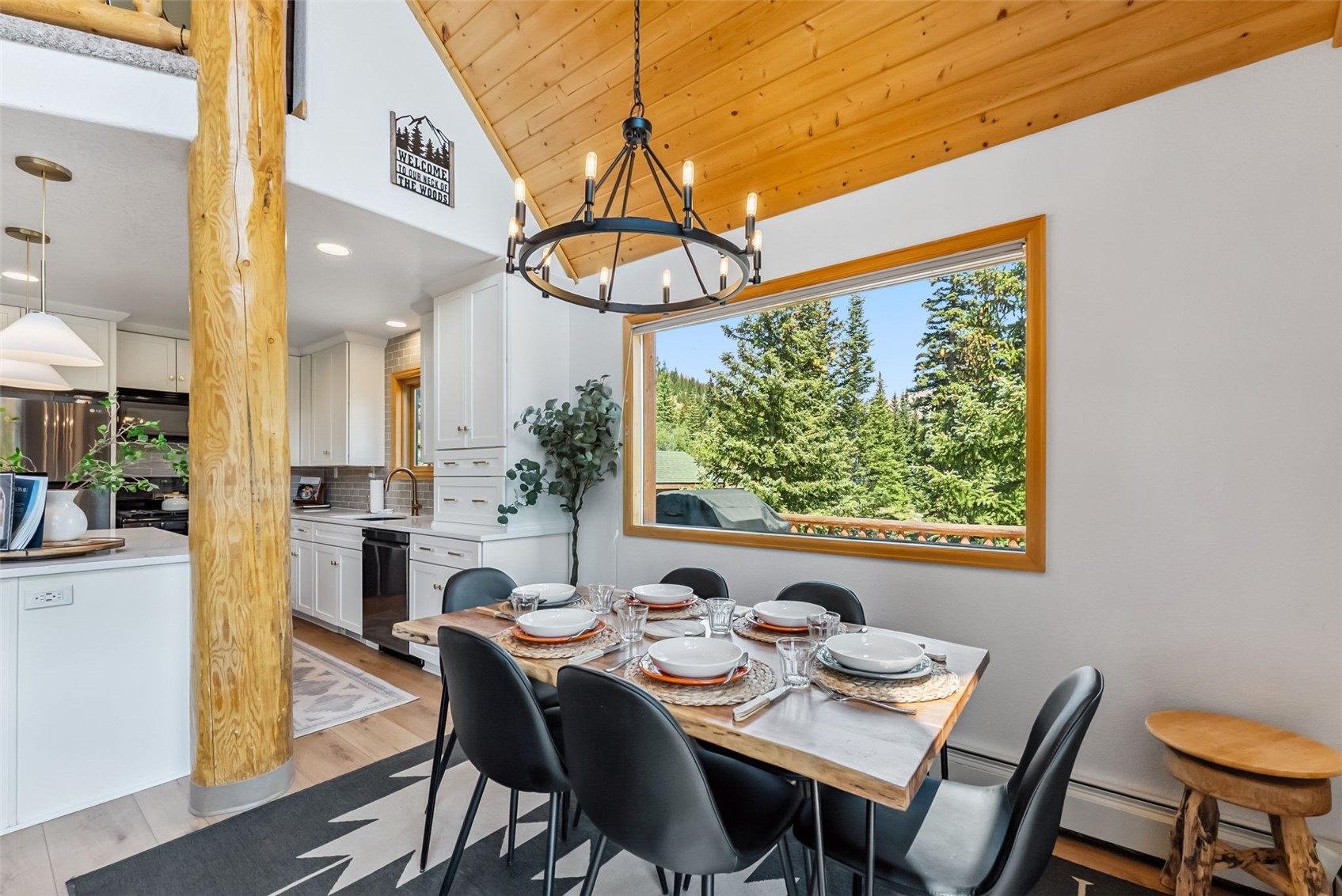 1375 Roberts Road Alma, CO 80420 - Photo 8 of 50 Dining space with a chandelier, light wood finished floors, wooden ceiling, recessed lighting, and high vaulted ceiling