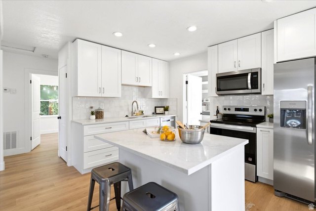 307 Flint Street Layton, UT 84041 - Photo 5 of 13 Kitchen featuring an island with countertop seating, white shaker cabinetry, stainless steel appliances, recessed lighting, and wood-finish flooring