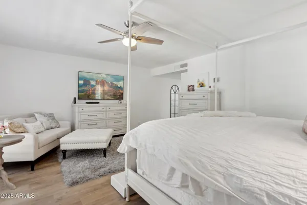 a bathroom with a shower curtain and a potted plant