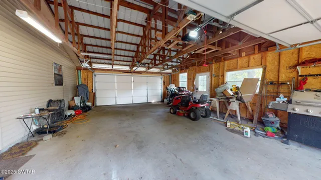 a view of a garage with storage