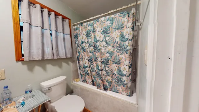 a white toilet sitting next to a shower curtain