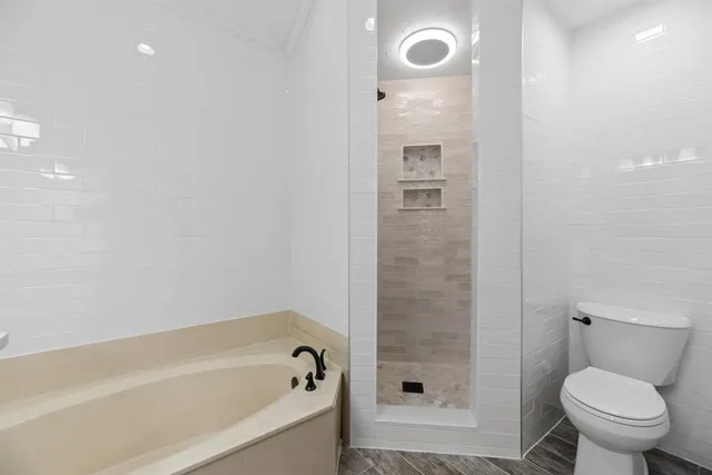 a bathroom with a bathtub and a toilet